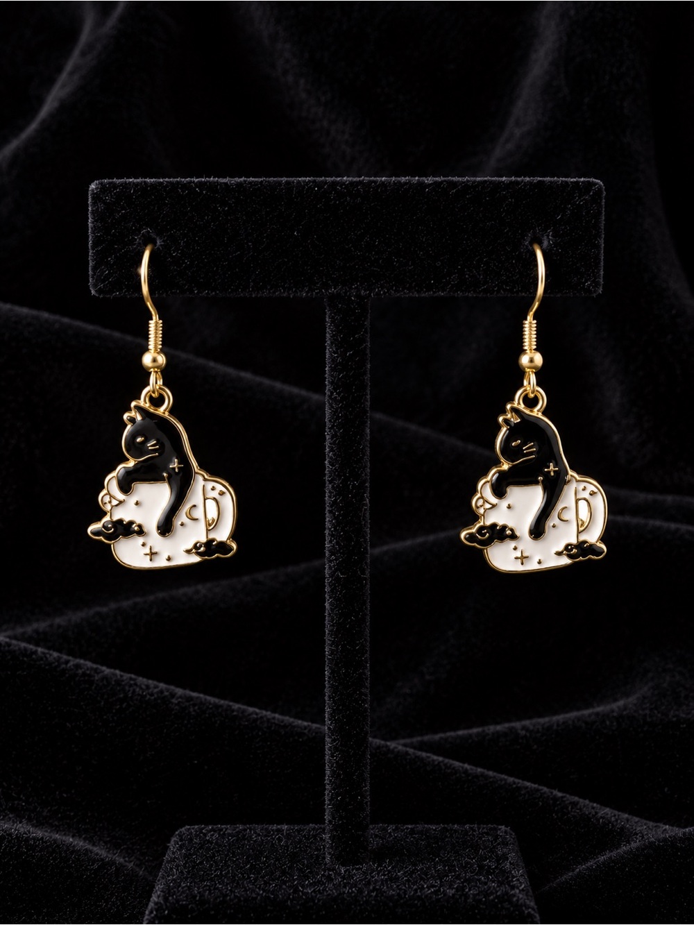 Gold Black & White Cat in a Coffee Mug Enamel Drop Earrings  in a Cute Cat Desig